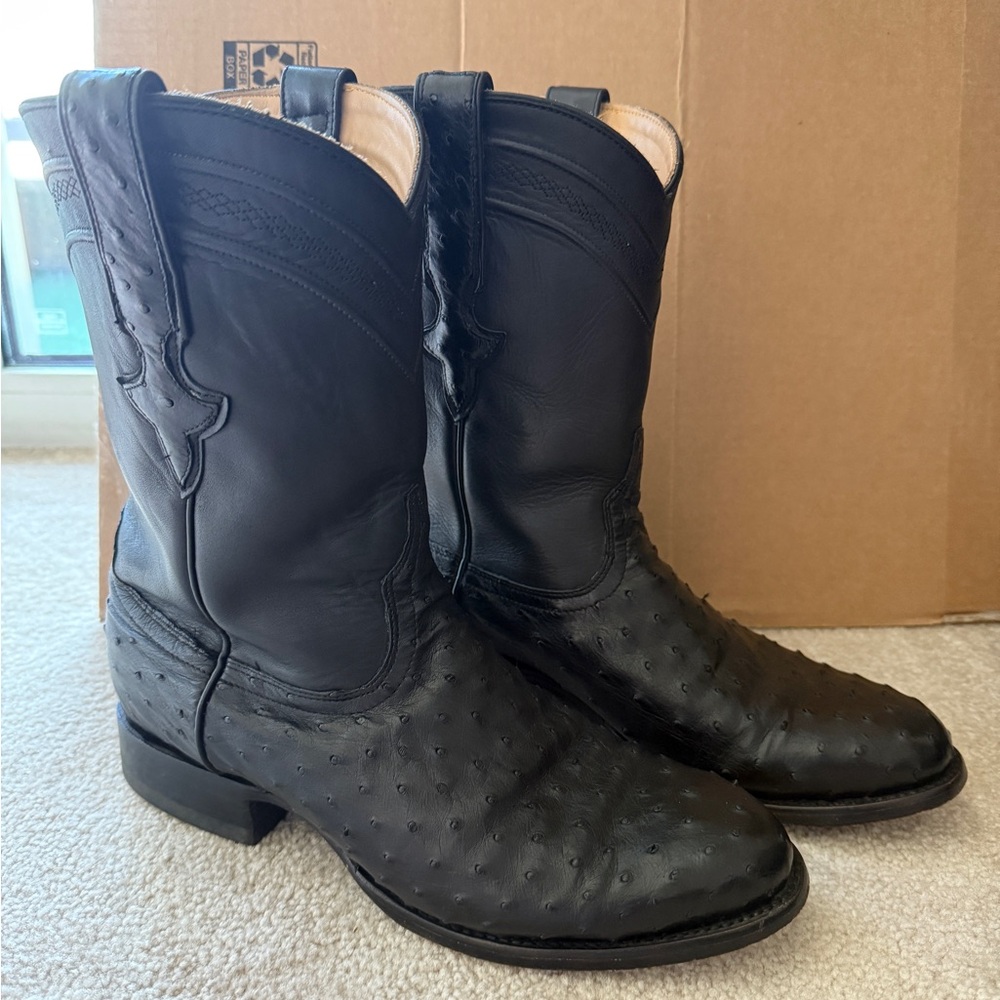 JRC & Sons Men's Miguel Full Quill Ostrich Round Toe Exotic Roper Boot in Black